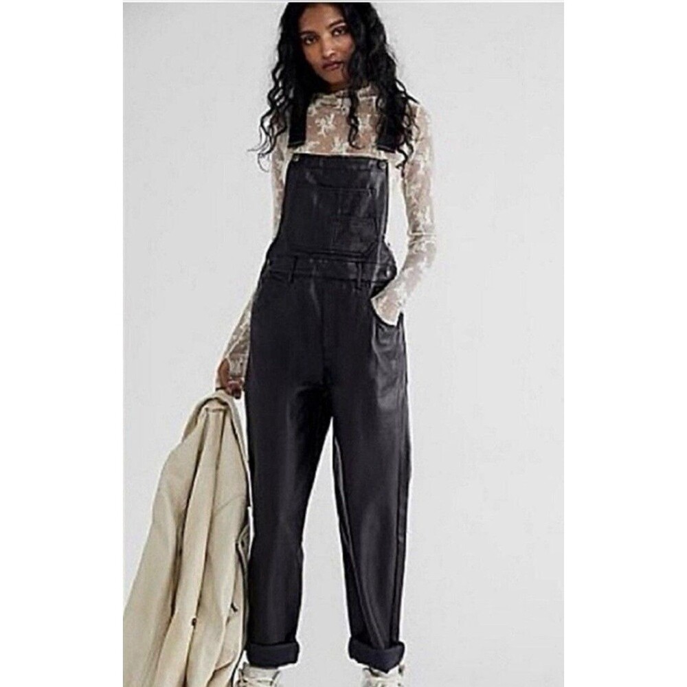 Free People We The Free Size XS Black Faux Vegan Leather Overalls Relaxed Boho